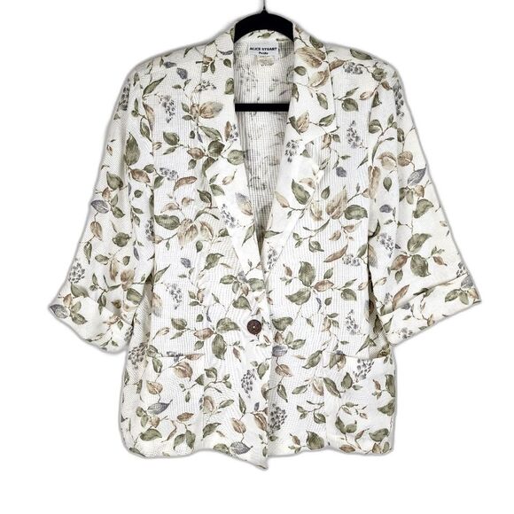 Alice Stuart Cream Floral Blazer Jacket Shoulder Pads USA Made Size M Petite - Picture 1 of 16